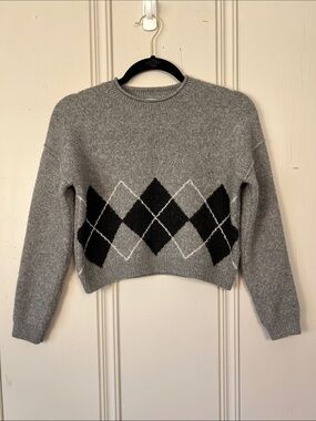 Cropped Grey Argyle Crewneck Sweater